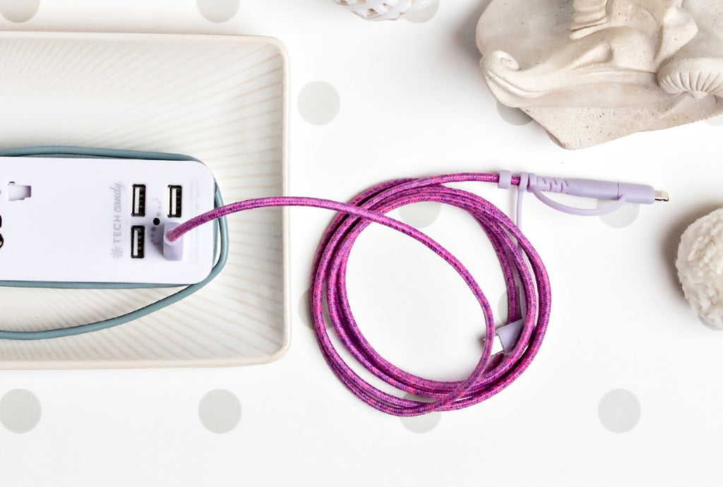 Triple Header Maxi 6ft Woven USB Cable Pink Purple in use
