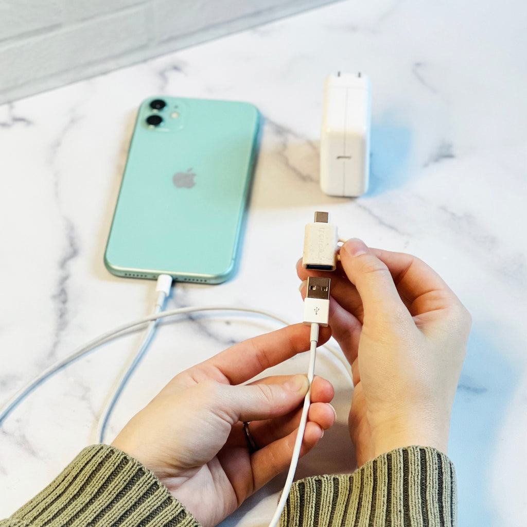 Adapt Dat fits on your cord and changes a USB end to a UCB-C end. The other adapter in the set changes a USB-C end to a USB end.