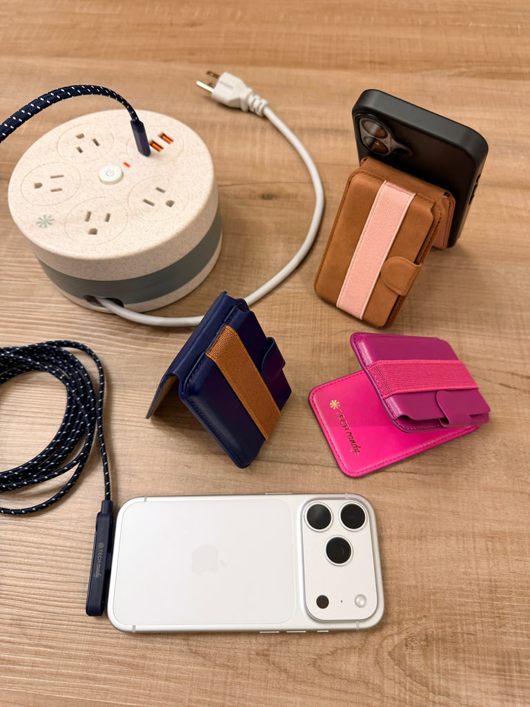 Tech Candy Standing Ovation USB-C cable, shown in a group with the Power Go Round and Back Pocket products