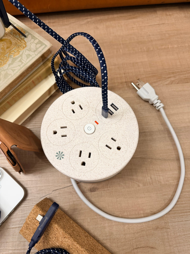The Tech Candy Power Go Round Charging Hub has 1 USB-C port, 2 USB ports, and 4 power outlets. Works great with the Tech Candy Standing Ovation USB-C cord!