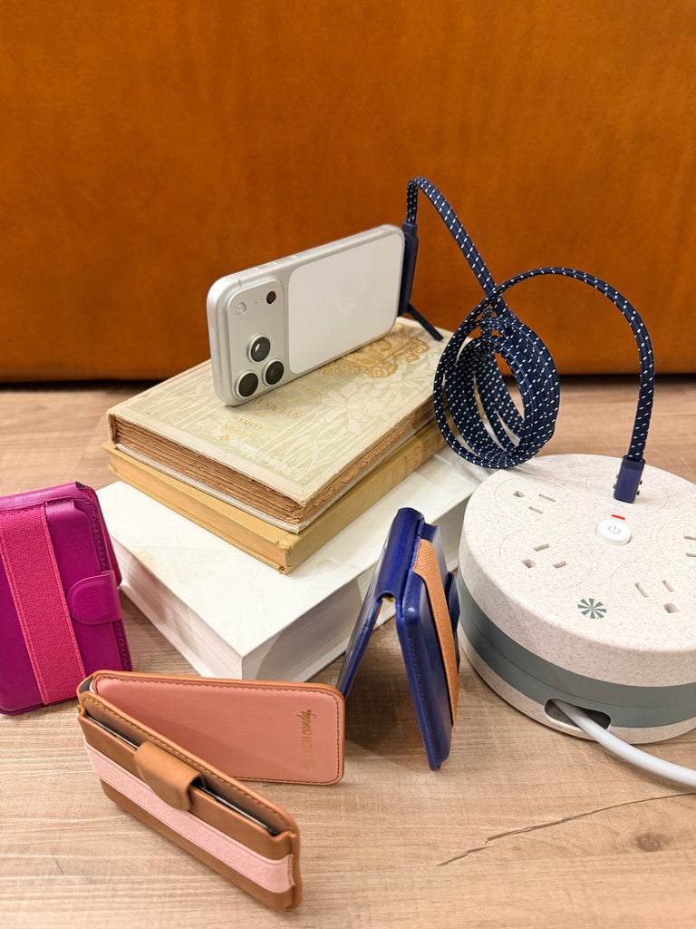 The Tech Candy Power Go Round Charging Hub, Back Pockets products and the Standing Ovation USB-C cord.