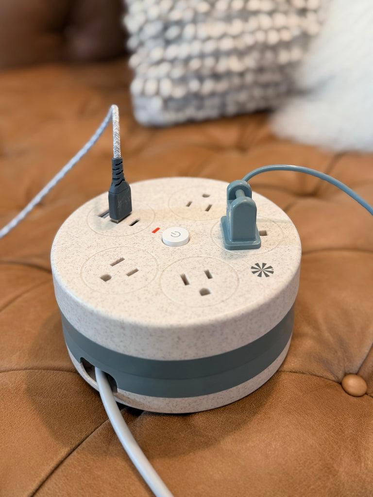 The Tech Candy Power Go Round Charging Hub has 1 USB-C port, 2 USB ports, and 4 power outlets.