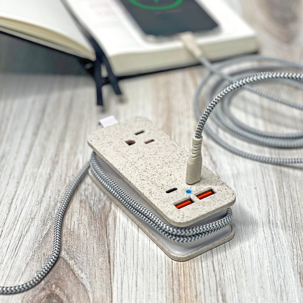 Power Trip Eco Outlet/USB/USB-C Fast-Charging Electronics Charging Station in use with Eco Charge Long Range Cable