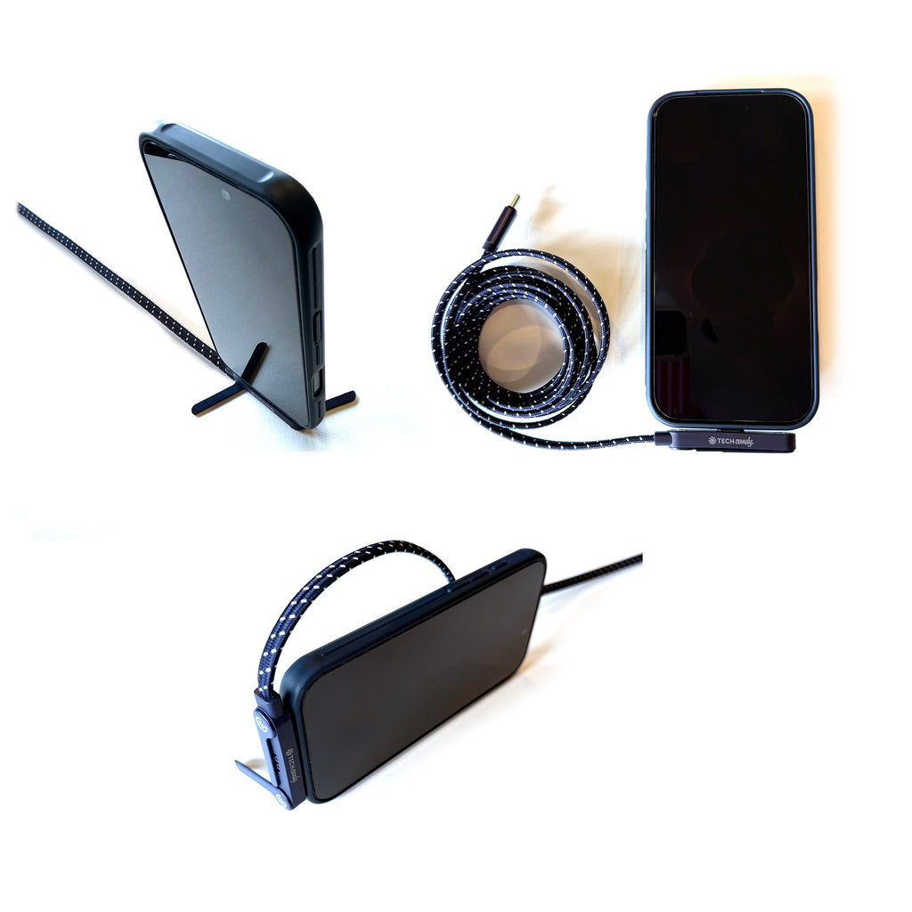 Tech Candy Standing Ovation USB-C cable, shown flat, standing horizontally and standing vertically