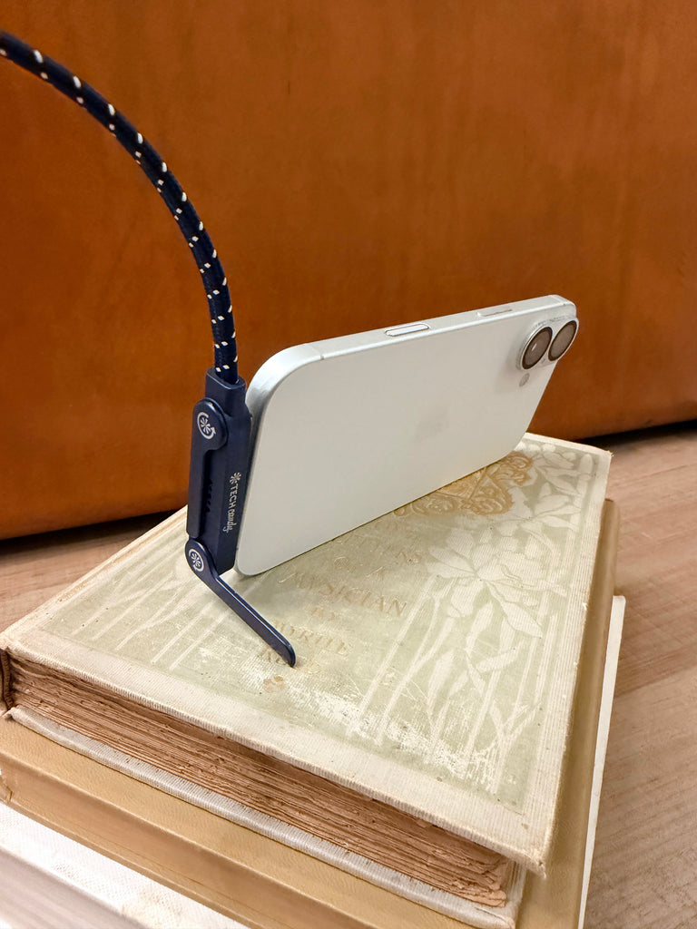 Tech Candy Standing Ovation USB-C cable, shown with stand