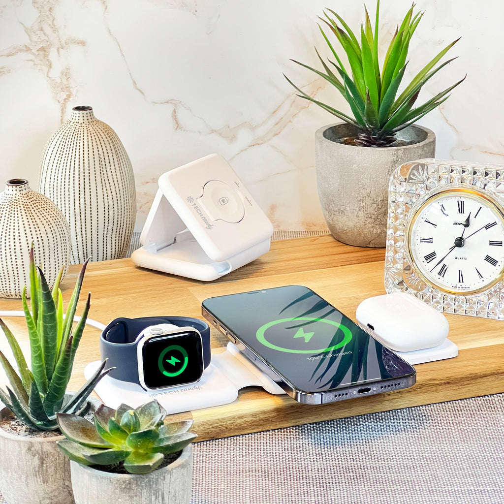 The Three Way Charging Valet  is perfect for desk, bedside table & office to power up everything at once.