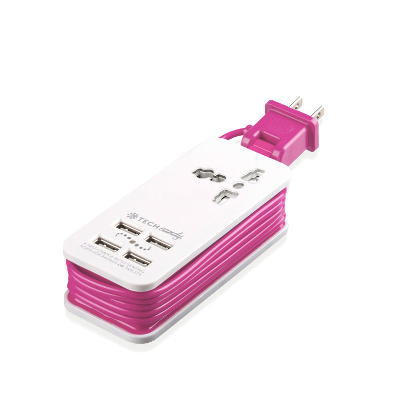 Power Trip Outlet + USB Port Travel Charging Station-White/Bright Pink
