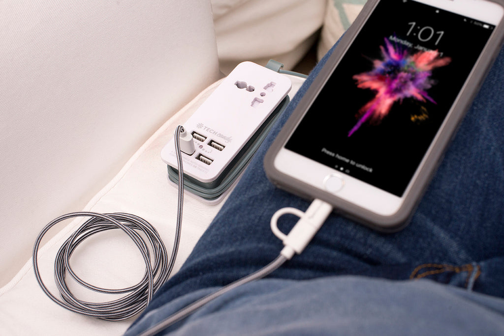 Power Trip Outlet + USB Port Travel Charging Station in use