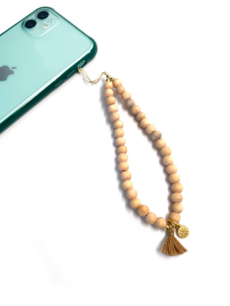 All in The Wrist Phone Strap - Natural Wood Beads
