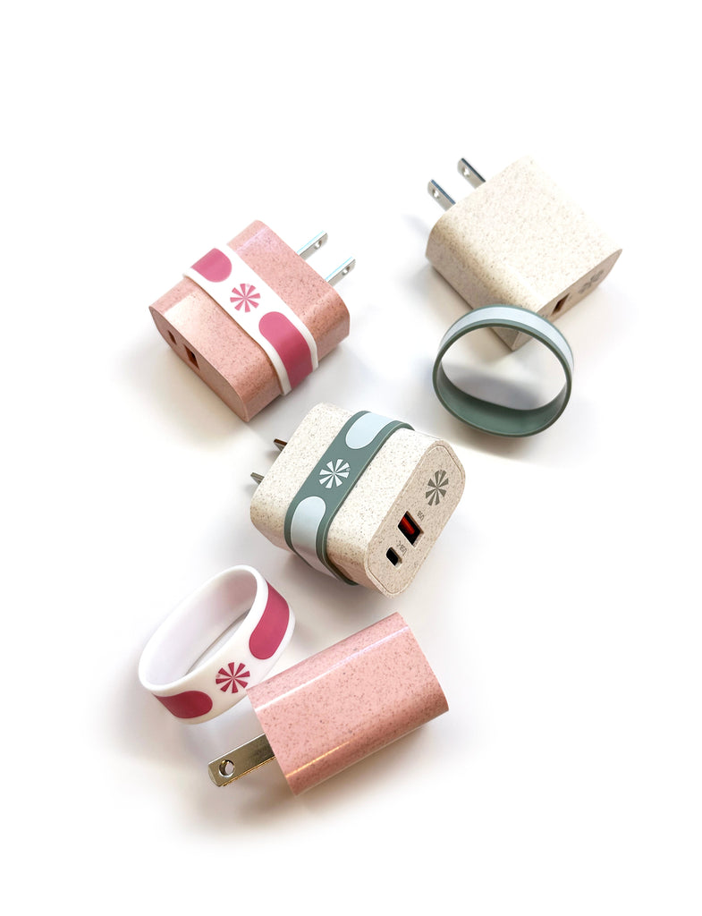 Double Play Eco Wall Power Adapter comes in two colors: Natural and Pink, both made of eco-conscious wheat straw instead of petroleum based plastics.
