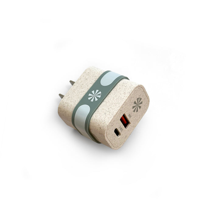Double Play Eco Wall Power Adapter has one USB port and one USB-C port